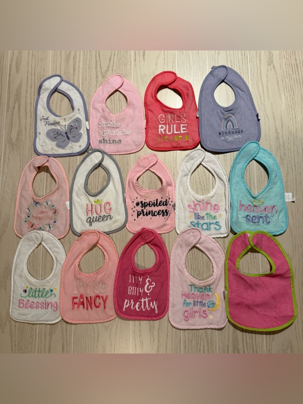 Baby Girl Bib Bundle 14 Pc Pink Cute Sayings Cotton Terry Mixed Brands EUC